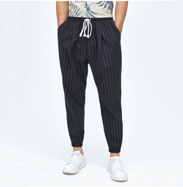 

men pinstriped drawstring waist pants w9ga012345678327769208954416, Black