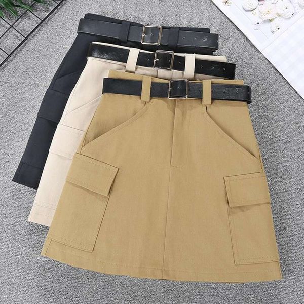 

designer belt work skirt casual womens high waist skinny pocket short, Black
