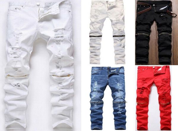 

men skinny slim jeans long pants knee zipper denim jeans man solid destroyed pole frayed pencil pants size 28385977536, Blue