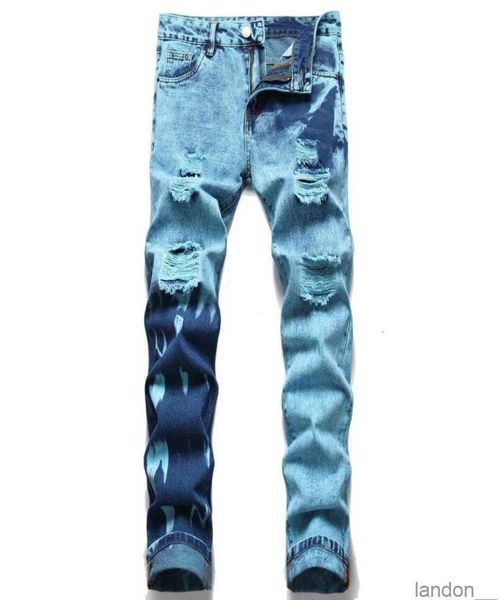 

men039s jeans factory high street strong stretchy distressed knee ripped denim pants skinny stacked fashion casual2709461, Blue