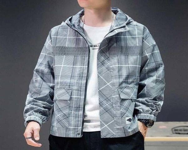 

fashion plaid jacket autumn hooded windbreaker street bomber zipper jackets outerwear pilot coat striped coats men clothing 5xl2133193525, Black;brown