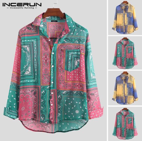 

incerun vintage printed men casual shirt ethnic style long sleeve loose vacation lapel neck button brand mens shirts camisa 20206123490, White;black