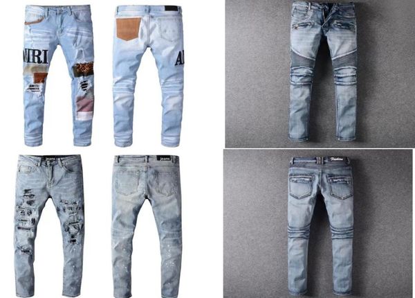 

2022 hiphop high street fashion brand jeans embroidery patch fold stitching men039s designer motorcycle riding slim pants4585843, Blue