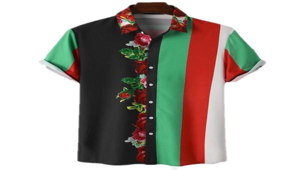 

fashion men hawaiian shirt lapel short sleeve print patchwork button casual blouse vacation streetwear camisa masculina6232154, White;black