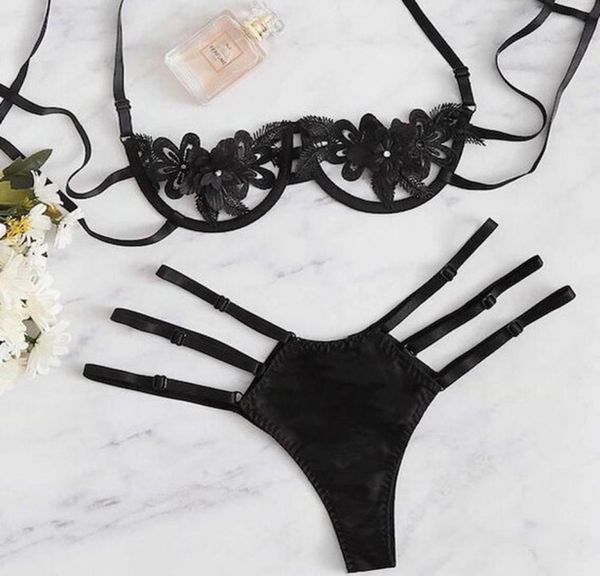 

new women lace lingerie bra set female chic brief sets lady lace flower bra and panties6788098, Black;white