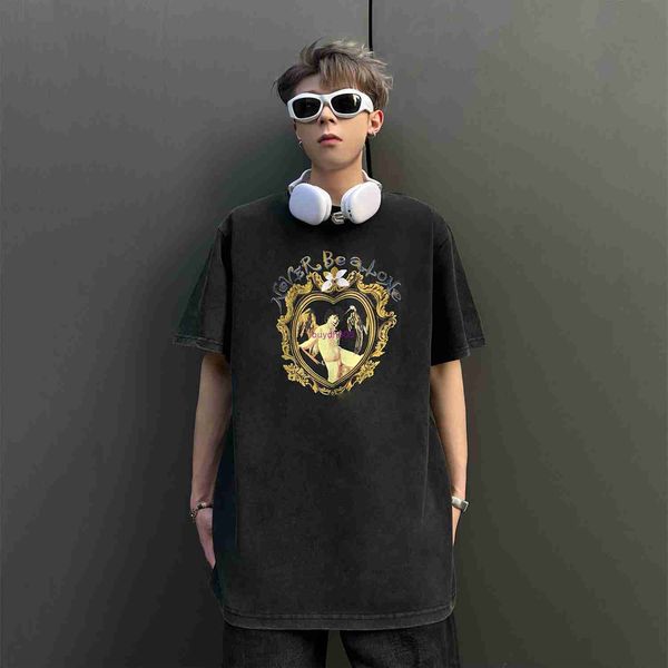 

bw28 men's t-shirts high street niche trendy saint michael vintage style love print washed old short sleeved t-shirt for men, White;black