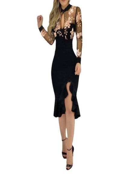 

mesh sheer sequins woman dress patchwork hollow out fashion long sleeve work bodycon dress ropa para mujer elegant6717875, Black;gray