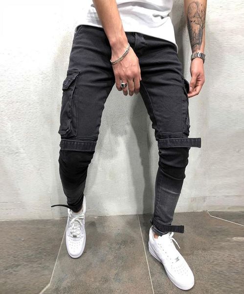 

men039s jeans autumn and winter slim fit denim black big pocket casual hem mens leggings6691928, Blue