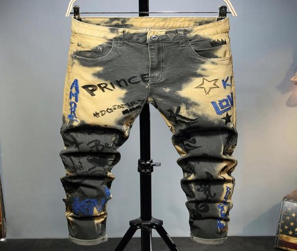 

letter embroidery men039s jeans yellow hole patch biker pants male casual designer fashion streetwear hip hop jean8927704, Blue