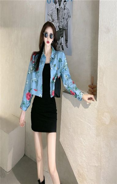 

2020 autumn new women039s rose flower print denim jeans long sleeve short coat casacos high waist 5440735, Black;brown