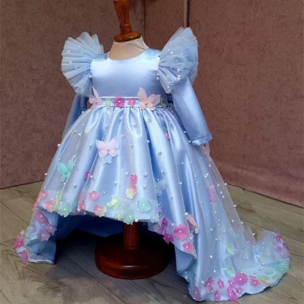 

2023 sky blue pearls flower girl dresses ball gown tulle hi-lo hand made flowers vintage little girl peageant dress gowns zj414, White;blue