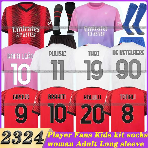 

23 24 pulisic giroud soccer jerseys ibrahimovic football shirt 2023 2024 tonali rebic camiseta ac milans kjaer theo brahim r.leao men kids k, Black;yellow