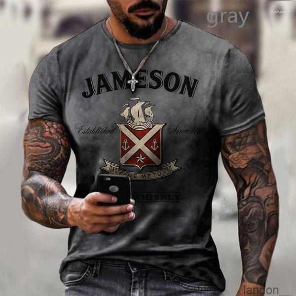 

men's tracksuits t-shirt vintage 3d print european and american street style short sleeve o-neck oversize top, Gray