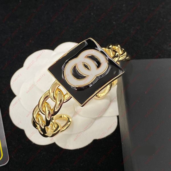 

designer jewelry golden half opening chain cuff white alphabet black square enamelled bracelets, fashion classic, christmas, valentine'