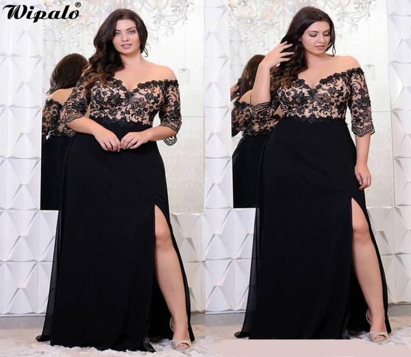 

wipalo plus size lace applique floor length dress women elegant off the shoulder 34 sleeves aline dress vestido party dresses y18024431, Black;pink