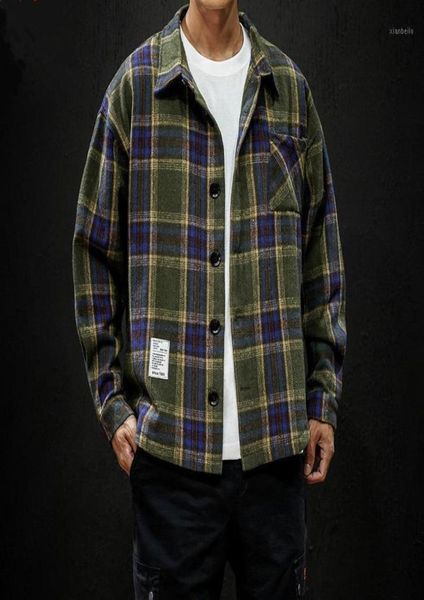 

plaid long sleeve flannel men shirts casual japanese army mens clothing plus size 5xl streetwear autumn spring social shirts 4199874, White;black