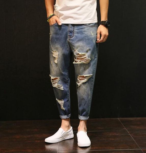 

men039s jeans men baggy ripped hole denim pants male distressed harem oversize 42 hip hop cropped jean do old style joggers a605485486, Blue
