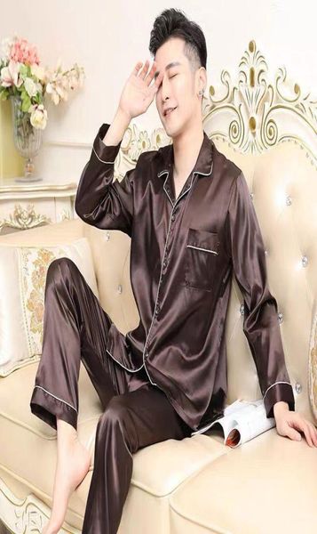 

men pajamas set solid satin summer long sleeve autumn homewear silk men sleepwear suit casual dormir pyjamas male sleep l3405834, Black;brown