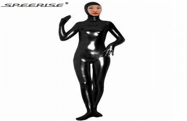 

lycra spandex shiny metallic face open zentai suit second skin tight full body nylon catsuit men zentai unitard costume7243706, Black