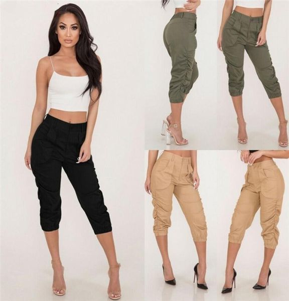 

summer autumn ladies 34 trousers women039s three quarter elasticated waist capri cropped pants black green khaki available ski8959886, Black;white