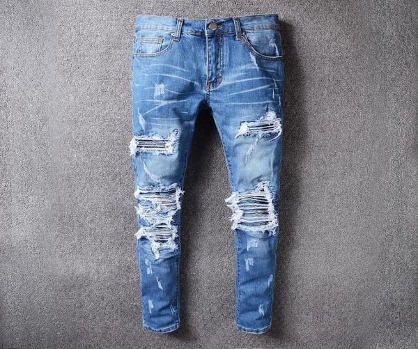 

fashion ripped holes men jeans luxury designers brand casual slim fit mens jean street wear hip hop stretch denim pants size 28406253782, Blue