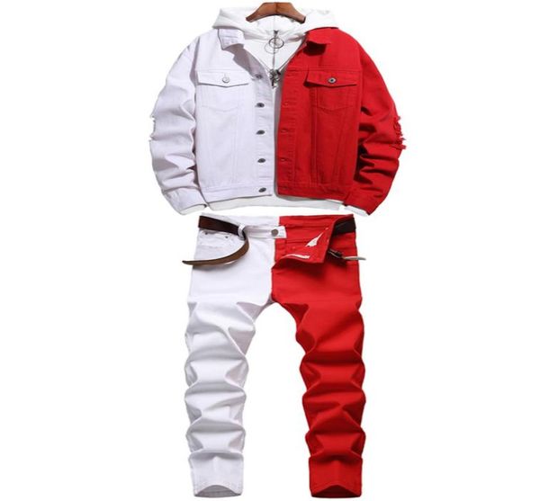 

fashion new tracksuits stitching color men039s sets half red and half white autumn denim jacket matching slim stretch jeans two1580612, Gray