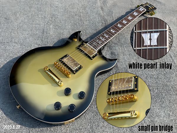

electric guitar solid gold center, black edge, small explosive pin, bridge piece, bone nut, no customer pickguard, own logo, whi
