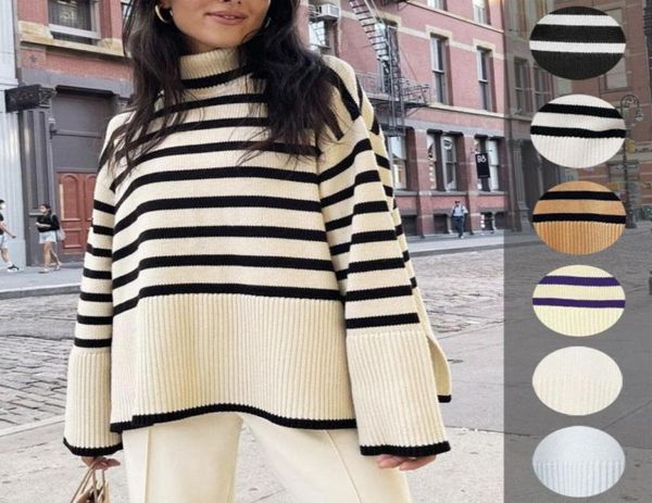 

women039s sweaters est autumn winter oversize knitted pullover women turtleneck long sleeve striped loose casual pure cotton sw3435116, White;black