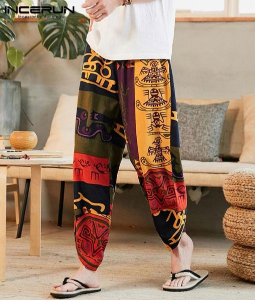 

2020 men harem pants ethnic style printed cotton elastic waist pantalon vintage joggers baggy streetwear casual trousers incerun7684848, Black