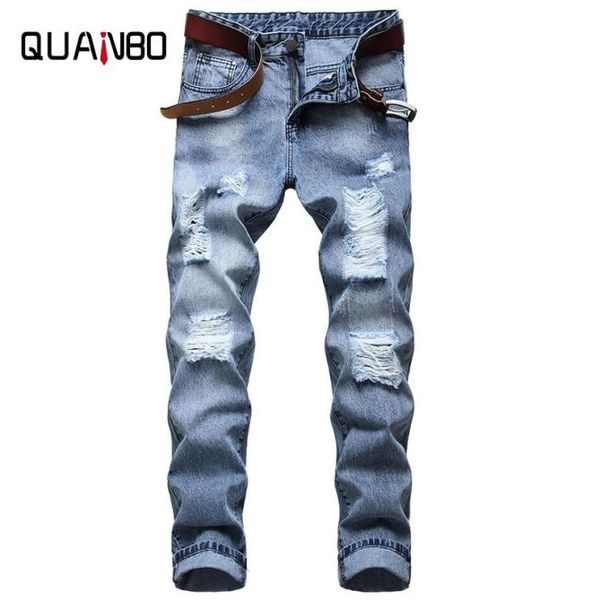 

mens ripped distressed destroyed slim fit straight leg denim jeans fashion streetwear men jeans size 403985376, Blue
