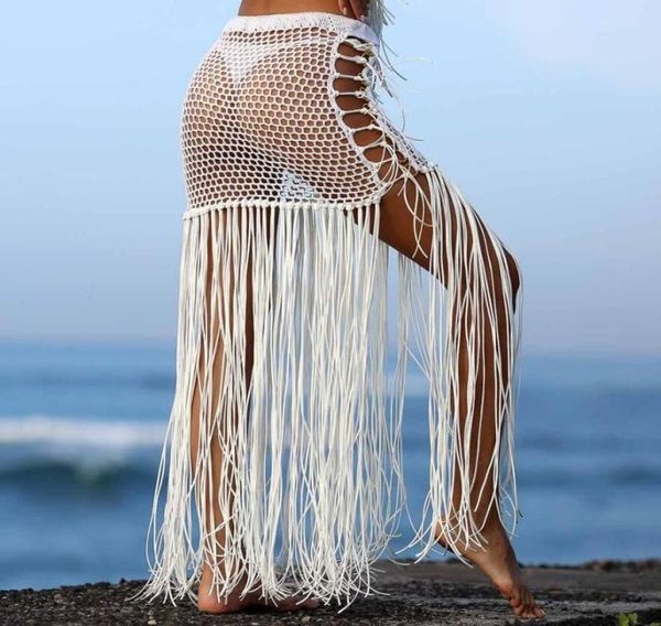 

new crochet cover up beach women skirt bikini cover ups knitted fish net long tassel bathing suit women swimsuit beachwear skirt1546929, White;black