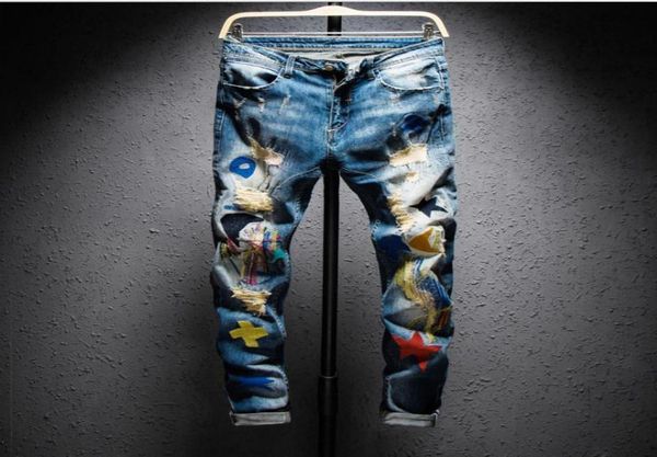 

ripped pant mens colored patchwork ripped jeans casual embroidery stretch denim pant slim fit straight trousers size 28 36 j30376274951, Blue