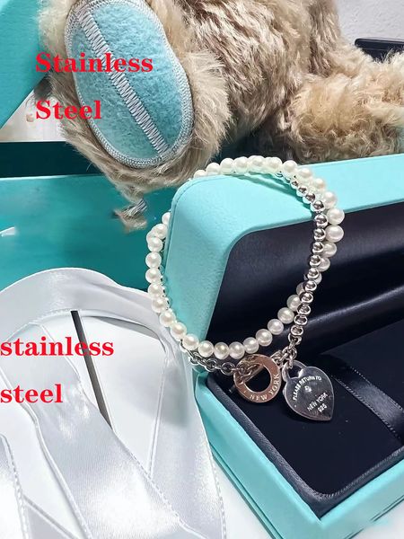 

fashion luxury necklace designer heart return to pendant jewelry heart shape double-deck chains stainless steel with pearl necklaces for wom, Silver