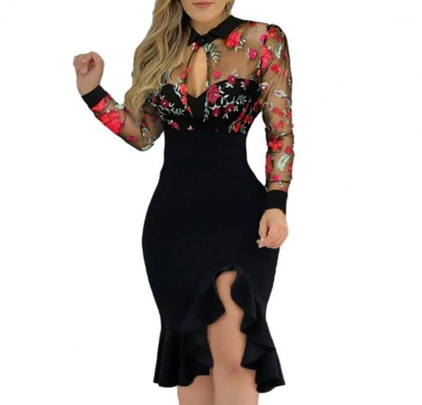 

casual dresses elegant party dress for women embroidery ruffles hem spring autumn sequined flower pattern split wedding vestidos3986342, Black;gray