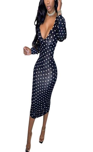 

women v neck polka dot sheath dress female fashion long sleeve bodycon party clubwear dresses autumn spring 2020 new3426866, Black;gray
