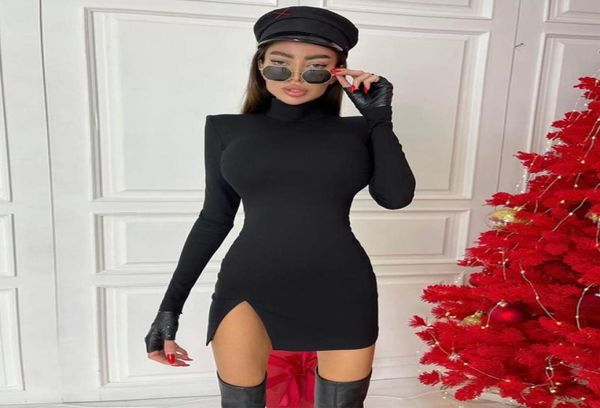 

yuqung spring women padded shoulder turtleneck long sleeve split bodycon mini dress black elegant solid short bandage vestidos cas2287930, Black;gray