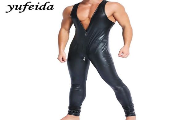 

mens jumpsuit romper long pants one piece bodysuit black faux leather pu wrestling singlet leotard sleeveless vest underwear5604231, Black;brown