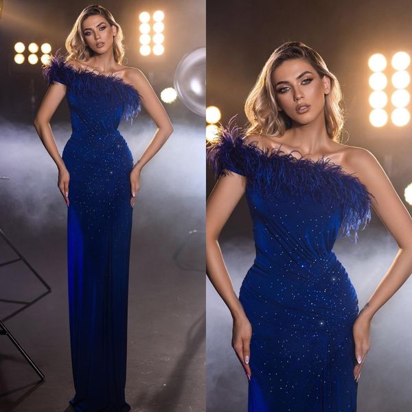 

royal blue evening dresses feathers off shoulder beads party prom dress formal long red carpet dress for special occasion, Black;red