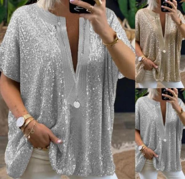 

designs summer women sequined tshirt shortsleeved urban casual solid t shirt women v neck party loose pullover women blou17009505536, White