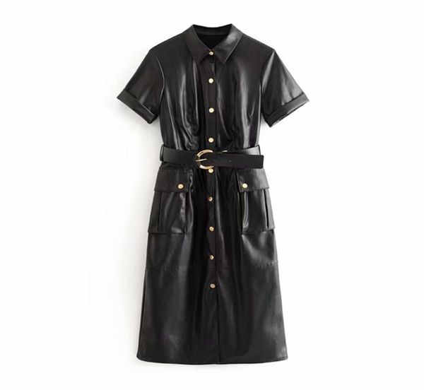 

fashion pu faux leather dress women short sleeve solid casual dress stylish turn down collar pockets dresses with belt vestidos2246260, Black;gray
