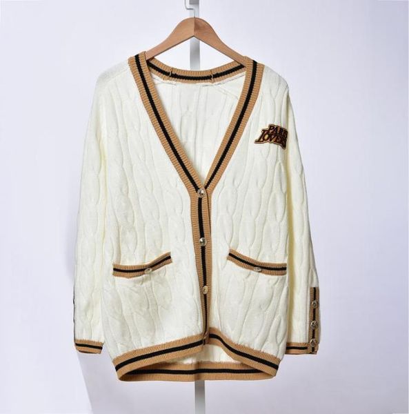 

2020 spring summer long sleeve v neck white contrast color woolen knitted pockets buttons cardigans sweater women fashion sweaters3681440, White;black