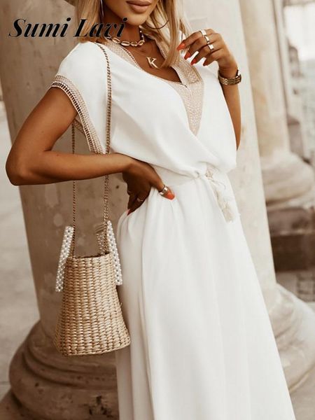 

swimwear casual solid lace up beach dress women elegant v neck knit patchwork dress coverups short sleeve waist beach dress coverups, White;black