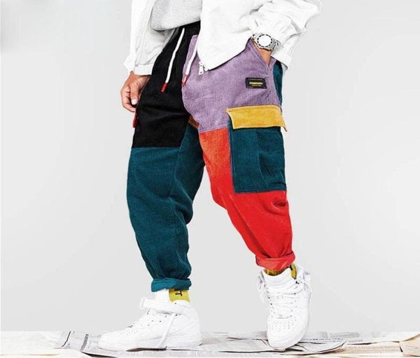 

2019 hip hip pants vintage color block patchwork corduroy cargo harem pant streetwear harajuku jogger sweatpant cotton trousers119214965, Black