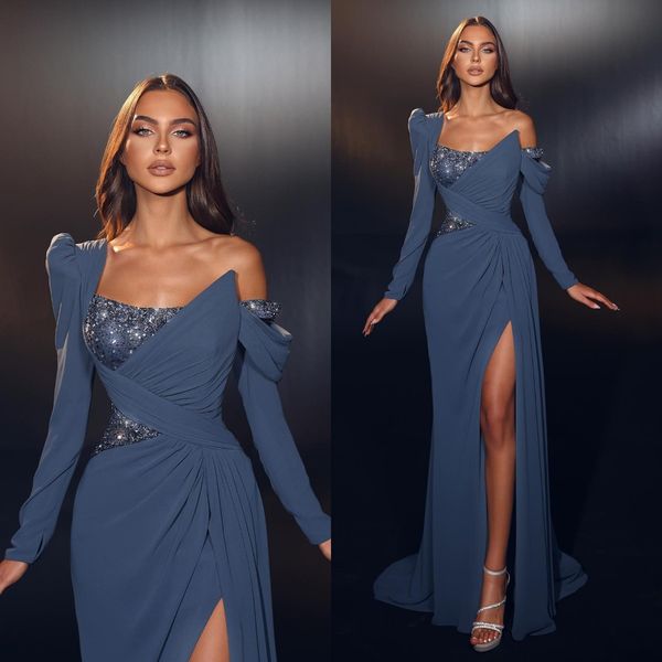 

navy blue evening dresses long sleeves sequins collar party prom dress pleats split formal long red carpet dress for special occasion, Black;red