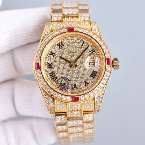 

yellow gold full diamonds mens watch v6 classic luxury watches eta 2836 automatic 28800vph sapphire crystal waterproof, Slivery;brown