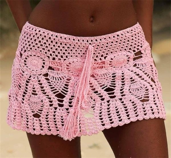 

8 color hand crochet florens skirt women beach cover up boho style elastic waistband 2206187243333, Black;gray