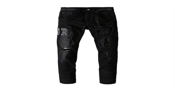 

mens jeans black letters pasted with leather holes damaged thin in europe and america9092190, Blue