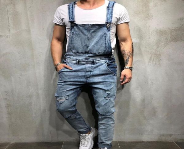 

fashion mens ripped designer jeans jumpsuits distressed hole denim bib overalls for man suspender pants asian size1397040, Blue