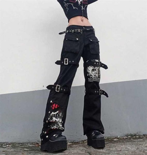 

punk style printed lowrise jeans women039s gothic fashion overalls with buckle pocket retro denim trousers y2k 2111298702286, Blue