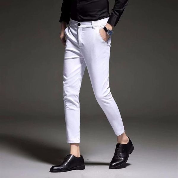 

mens slim fit business dress pants for men suit pants ankle length men summer formal suit trousers black white blue233w, White;black